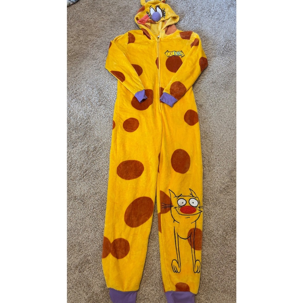 Nickelodeon CatDog Hooded costume halloween Yellow Spotted Plush Pajamas Medium